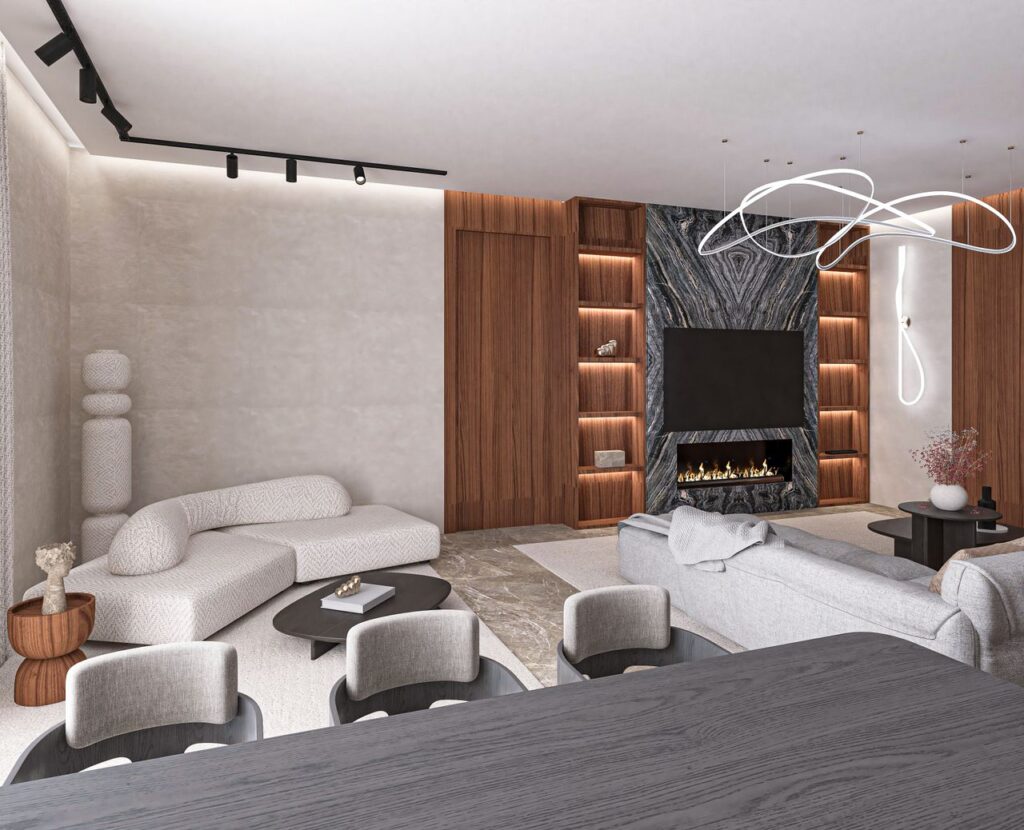 Sophisticated modern living room with elegant furniture and minimalist design, showcasing luxury aesthetics.