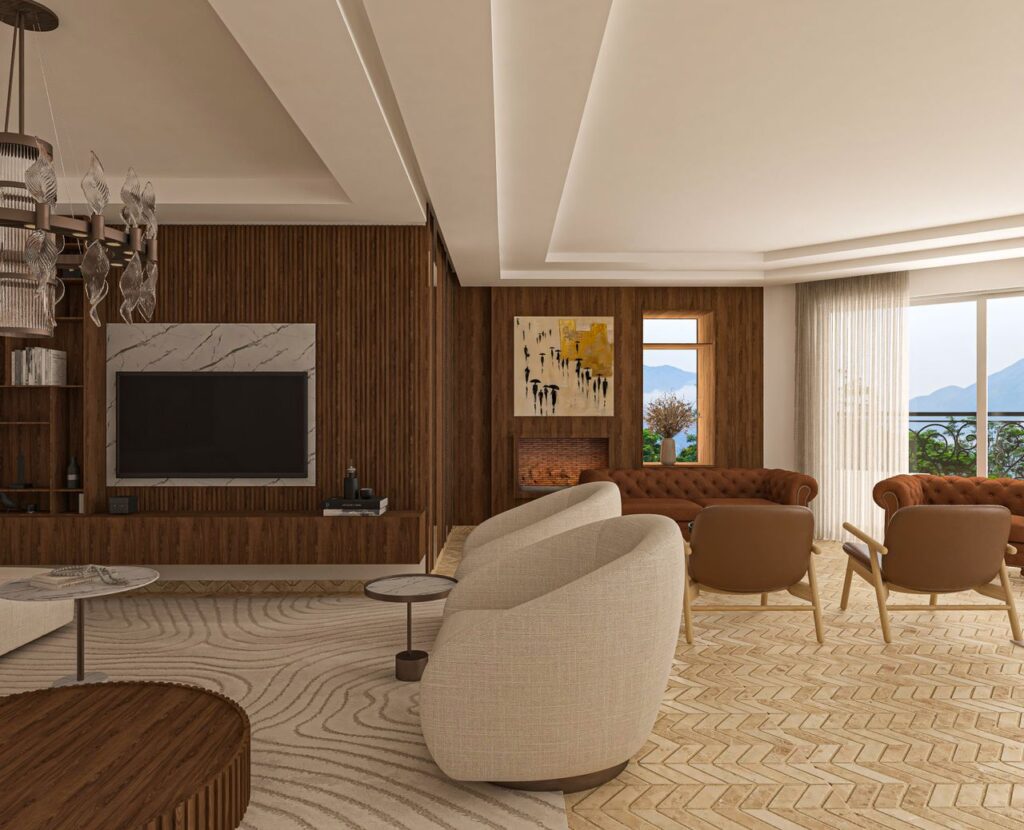 Stylish interior design featuring wooden accents, large windows, and modern furniture.